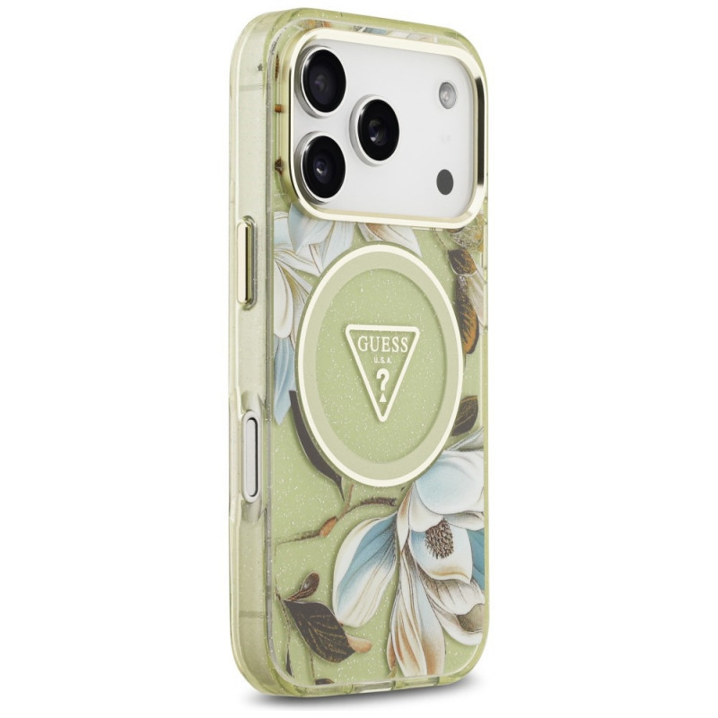 Guess IML Glitter Flowers Triangle MagSafe ümbris Apple iPhone 18 Pro Max / 17 Pro Max jaoks, roheline