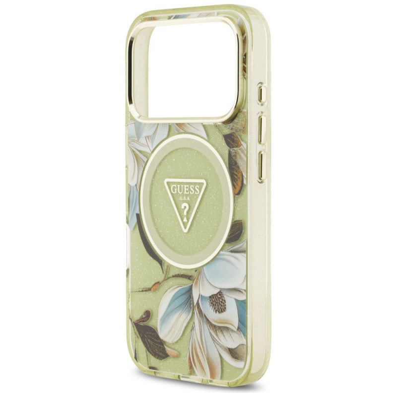 Guess IML Glitter Flowers Triangle MagSafe ümbris Apple iPhone 18 Pro Max / 17 Pro Max jaoks, roheline