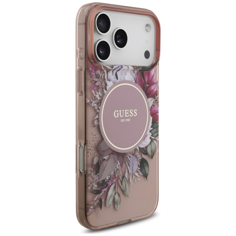 Guess IML Flowers Pearl Strap MagSafe kott Apple iPhone 18 Pro Max / 17 Pro Max jaoks, roosa