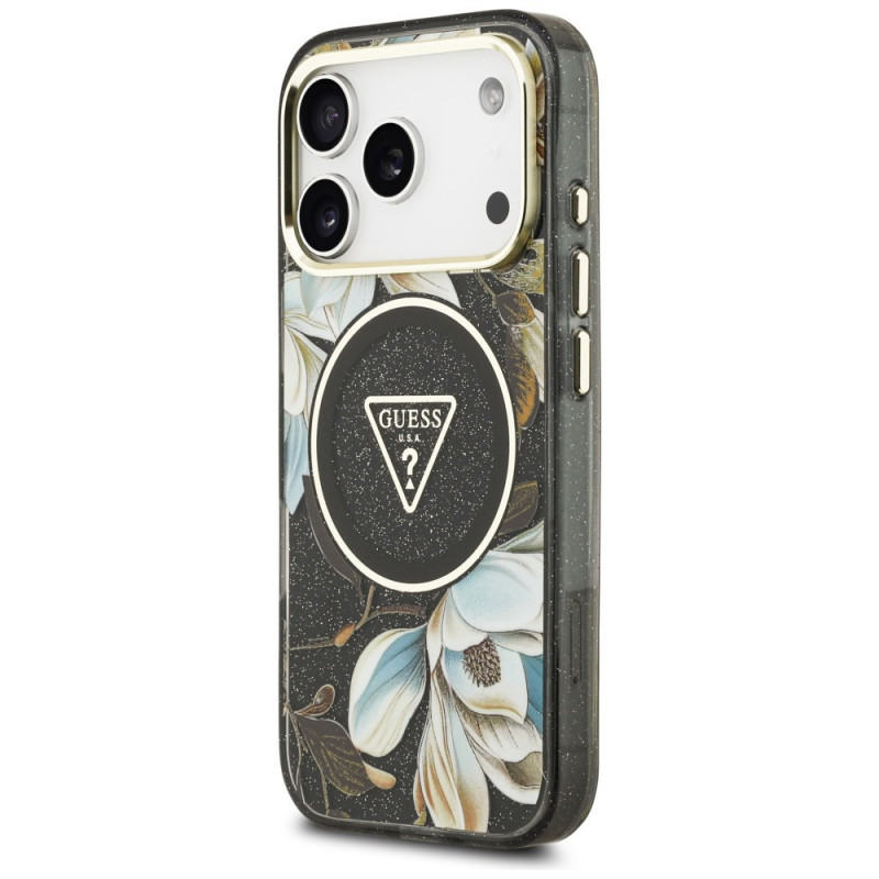 Guess IML Glitter Flowers Triangle MagSafe kate Apple iPhone 18 Pro Max / 17 Pro Max jaoks, must