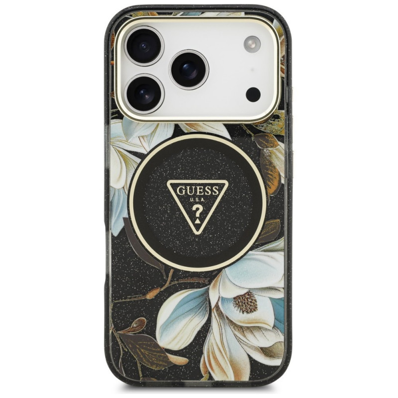 Guess IML Glitter Flowers Triangle MagSafe kate Apple iPhone 18 Pro Max / 17 Pro Max jaoks, must
