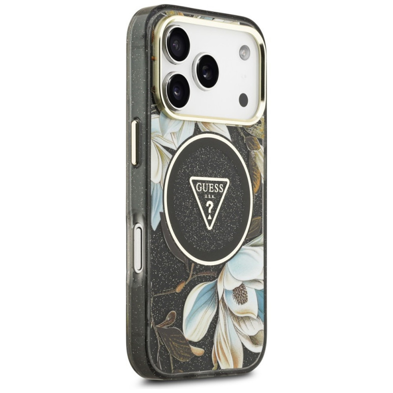 Guess IML Glitter Flowers Triangle MagSafe kate Apple iPhone 18 Pro Max / 17 Pro Max jaoks, must
