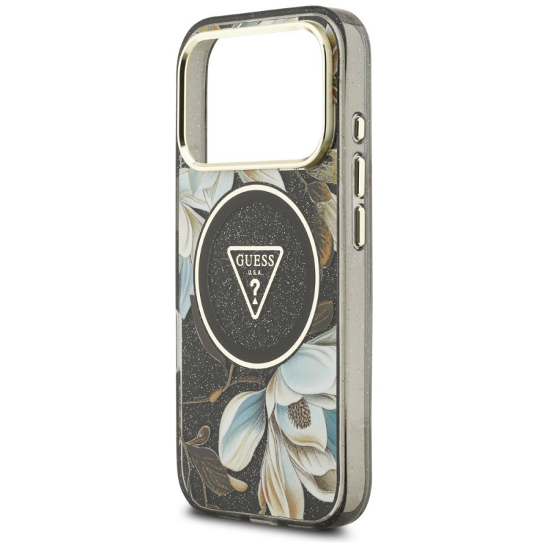 Guess IML Glitter Flowers Triangle MagSafe kate Apple iPhone 18 Pro Max / 17 Pro Max jaoks, must