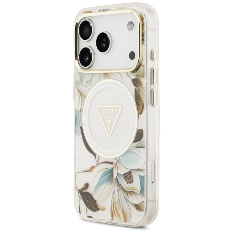 Guess IML Glitter Flowers Triangle MagSafe kaitsekate Apple iPhone 18 Pro Max / 17 Pro Max, valge