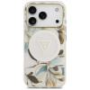 Guess IML Glitter Flowers Triangle MagSafe kaitsekate Apple iPhone 18 Pro Max / 17 Pro Max, valge