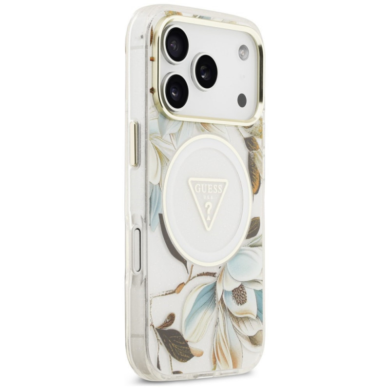 Guess IML Glitter Flowers Triangle MagSafe kaitsekate Apple iPhone 18 Pro Max / 17 Pro Max, valge