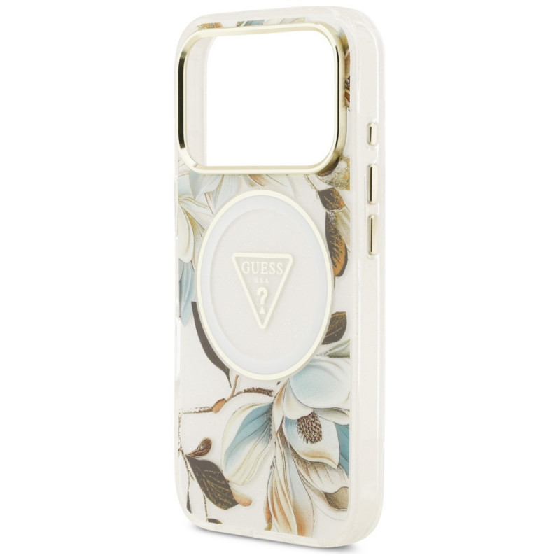 Guess IML Glitter Flowers Triangle MagSafe kaitsekate Apple iPhone 18 Pro Max / 17 Pro Max, valge