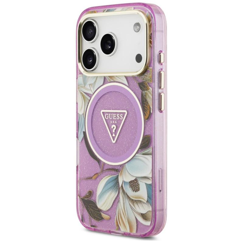 Guess IML Glitter Flowers Triangle MagSafe kate Apple iPhone 18 Pro Max / 17 Pro Max, lilla