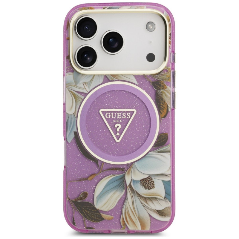 Guess IML Glitter Flowers Triangle MagSafe kate Apple iPhone 18 Pro Max / 17 Pro Max, lilla