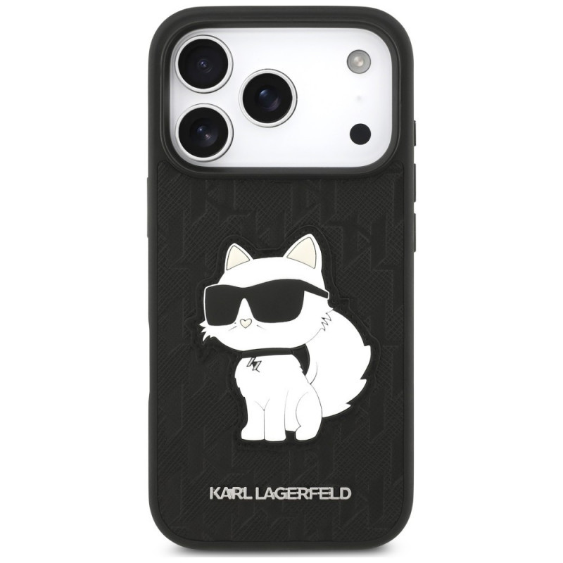 Karl Lagerfeld Saffiano Mono Patch Choupette kott Apple iPhone 18 Pro / 17 Pro jaoks, must