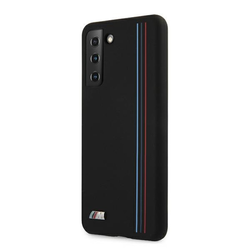 BMW BMHCS21MSIVTBK Silicone Stripes M Collection kaitseümbris Samsung Galaxy S21+ jaoks, must
