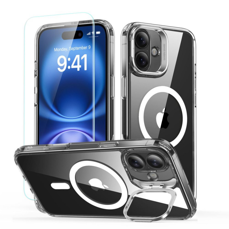 ESR Classic Hybrid Kickstand HaloLock MagSafe ümbris koos karastatud klaasiga Apple iPhone 16 Plus jaoks, läbipaistev