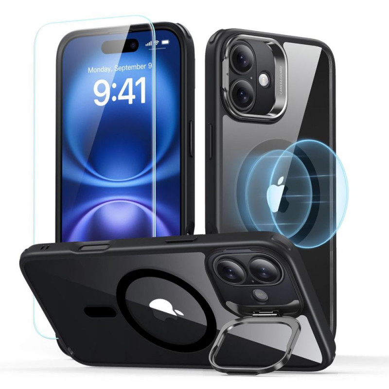 ESR Classic Hybrid Kickstand HaloLock MagSafe ümbris karastatud klaasiga Apple iPhone 16 jaoks, läbipaistev/must