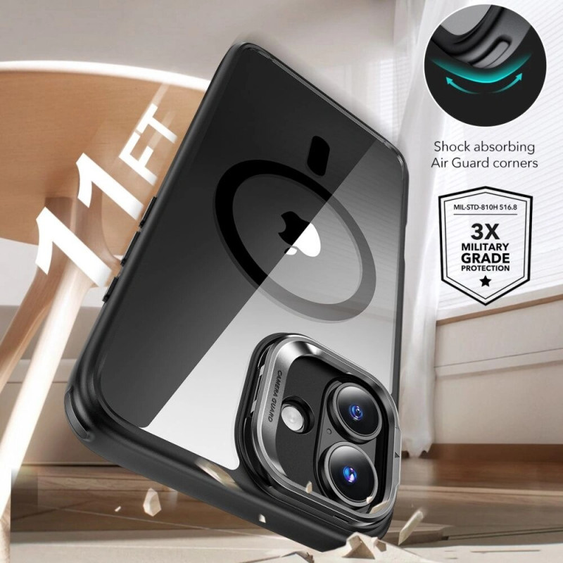 ESR Classic Hybrid Kickstand HaloLock MagSafe ümbris karastatud klaasiga Apple iPhone 16 jaoks, läbipaistev/must