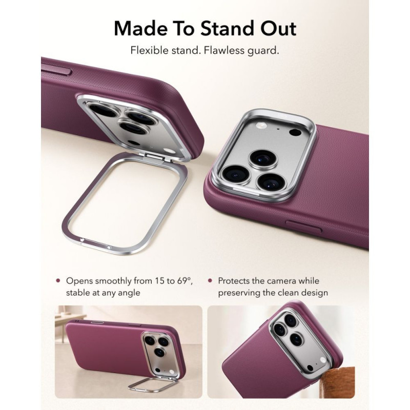 ESR Leather Kickstand MagSafe nahast ümbris Apple iPhone 17 Pro / 18 Pro jaoks, Deep Burgundy