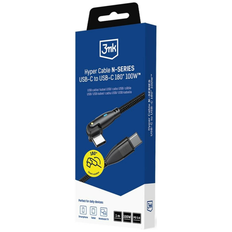 3MK Hyper Cable N-SERIES USB-C - USB-C kaabel 180° pöörleva otsikuga, 1 m, 100 W, must