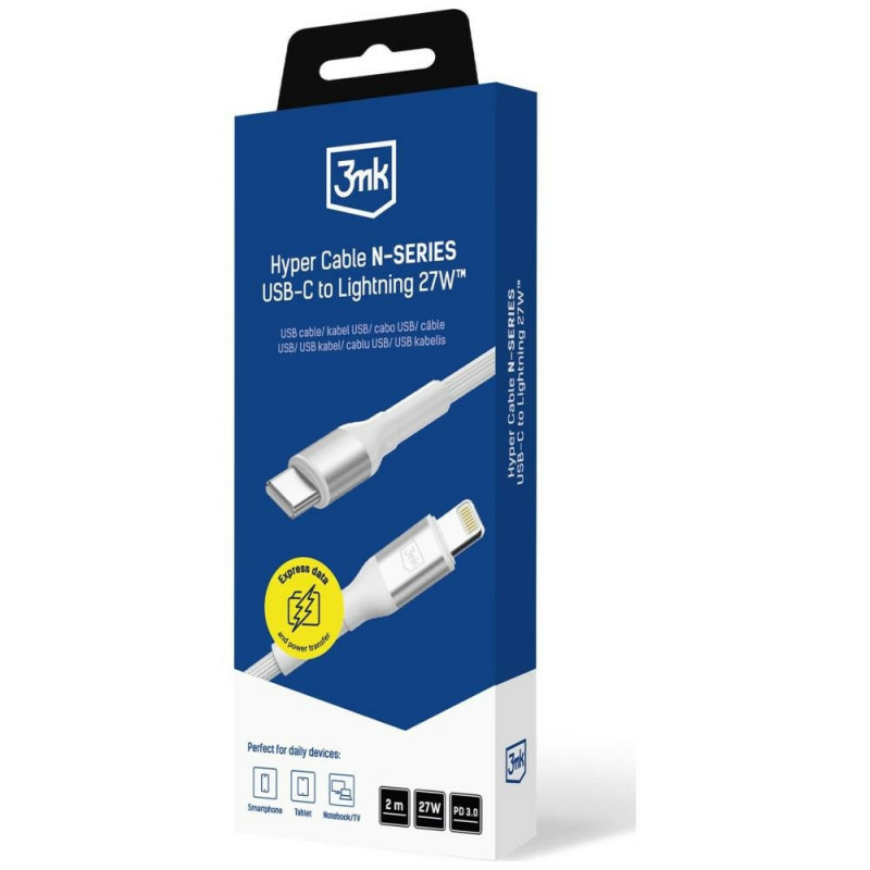 3MK Hyper Cable N-SERIES USB-C – Lightning kaabel, 2 m, 27 W, valge
