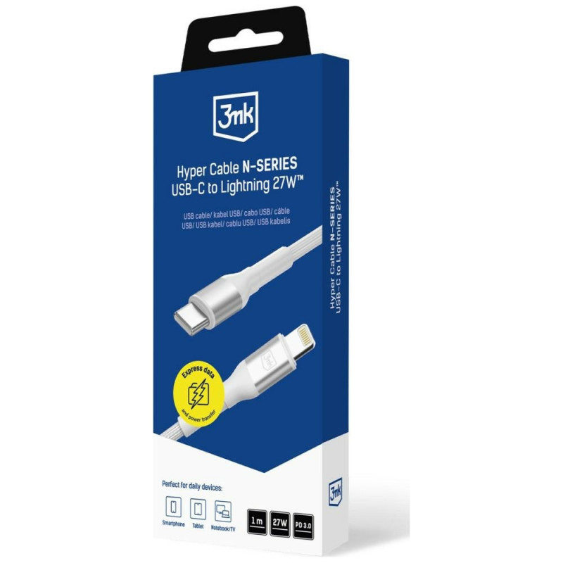 3MK Hyper Cable N-SERIES USB-C - Lightning kaabel, 1 m, 27 W, valge