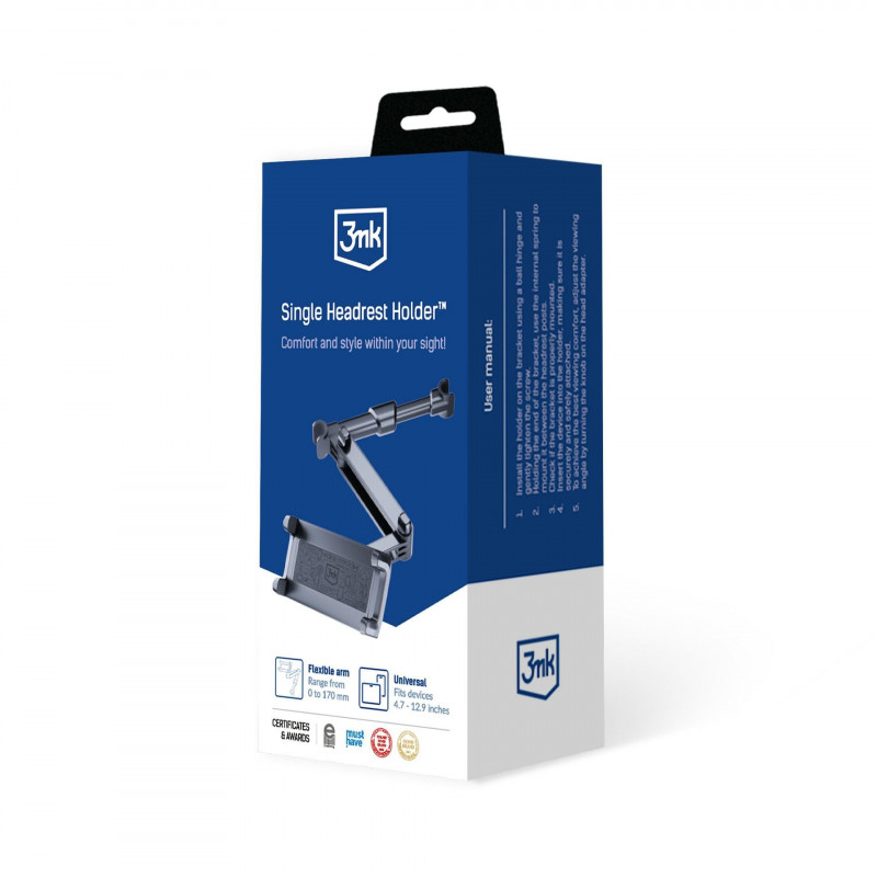 3MK Single Headrest Holder autohoidik telefonidele ja tahvelarvutitele 4.7"-12.9", must