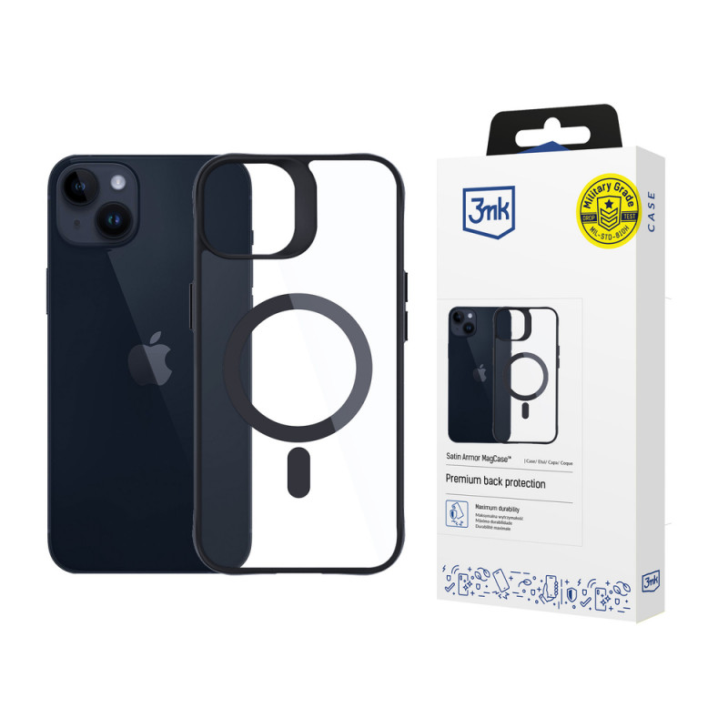 3MK Satin Armor MagCase MagSafe'iga Apple iPhone 14 Plus'ile, läbipaistev musta raamiga (156076-0)