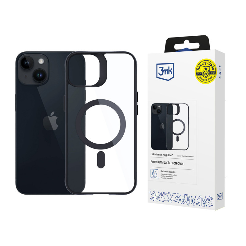 3MK Satin Armor MagCase MagSafe'iga Apple iPhone 13 / 14 jaoks, läbipaistev musta raamiga (156075-0)