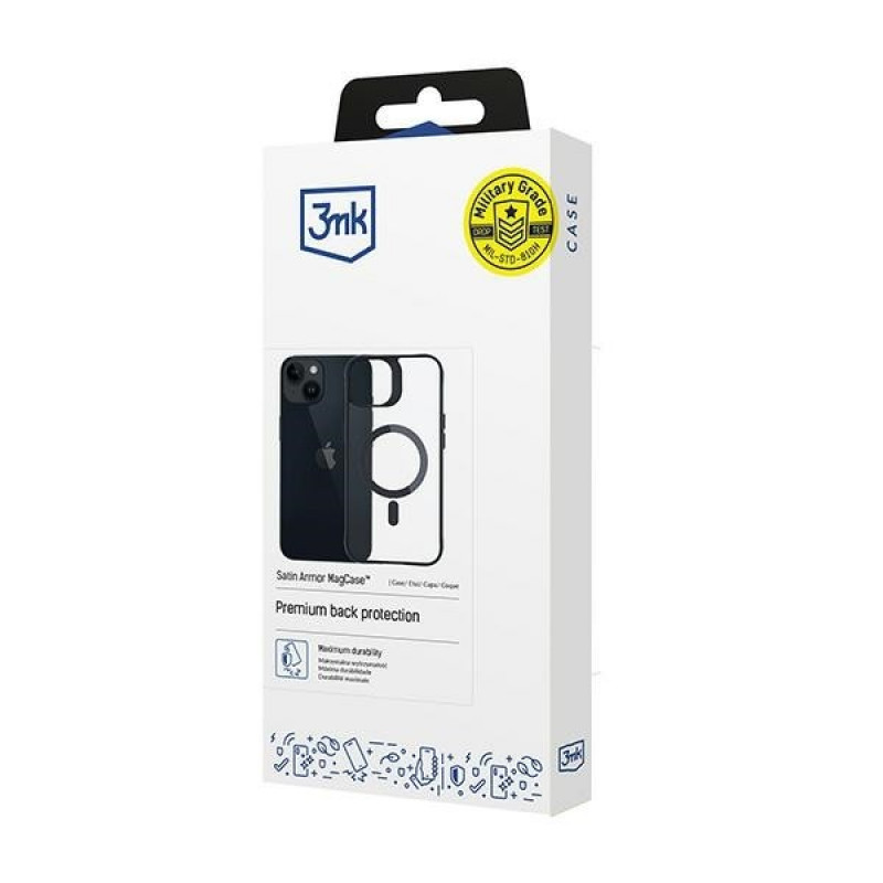 3MK Satin Armor MagCase MagSafe'iga Apple iPhone 13 / 14 jaoks, läbipaistev musta raamiga (156075-0)