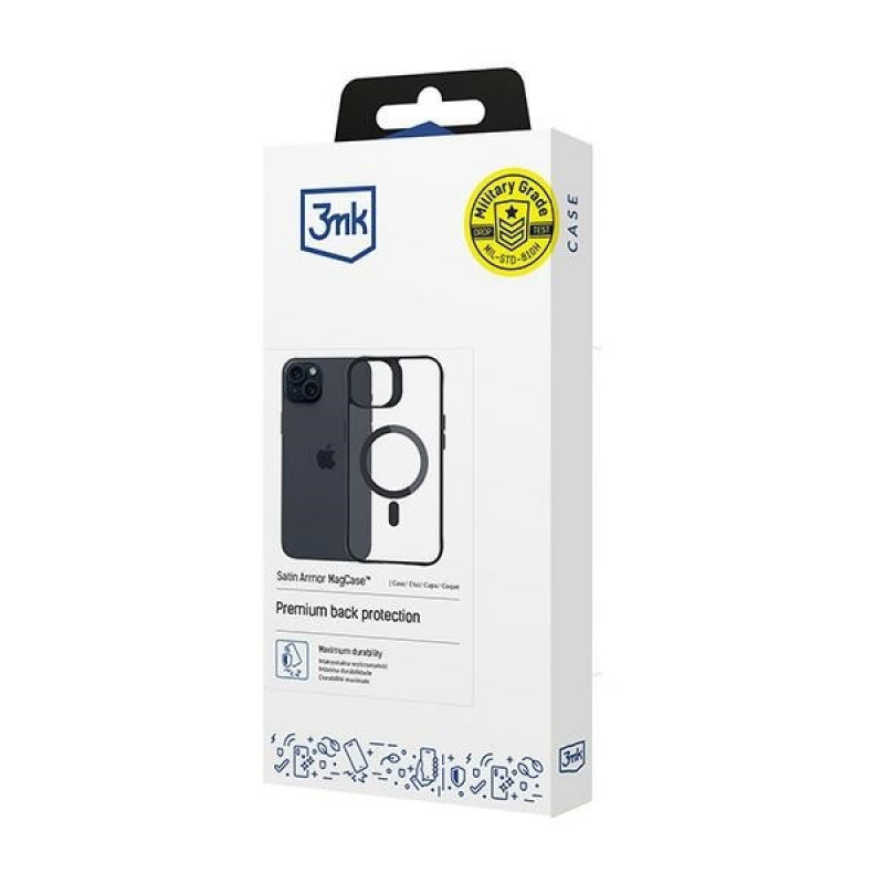 3MK Satin Armor MagCase MagSafe'iga Apple iPhone 15 jaoks, läbipaistev musta raamiga
