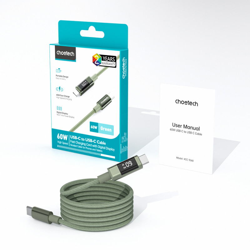 Choetech XCC-1068 PD 60W USB-C - USB-C kaabel ekraaniga, 1,2 m, roheline
