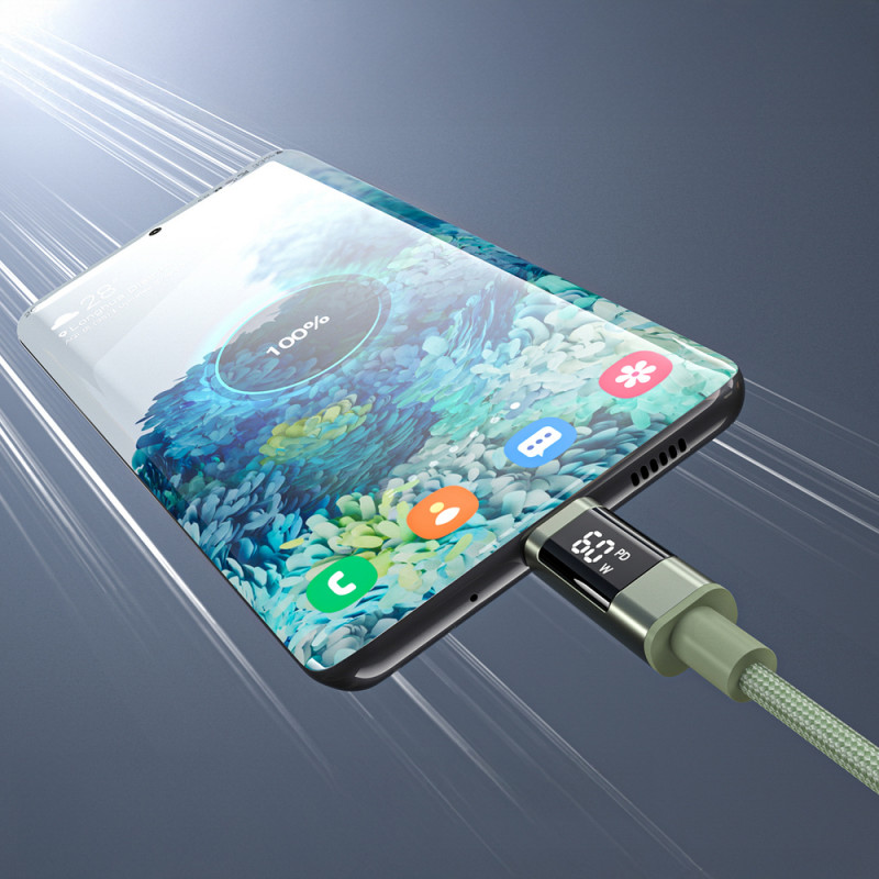 Choetech XCC-1068 PD 60W USB-C - USB-C kaabel ekraaniga, 1,2 m, roheline