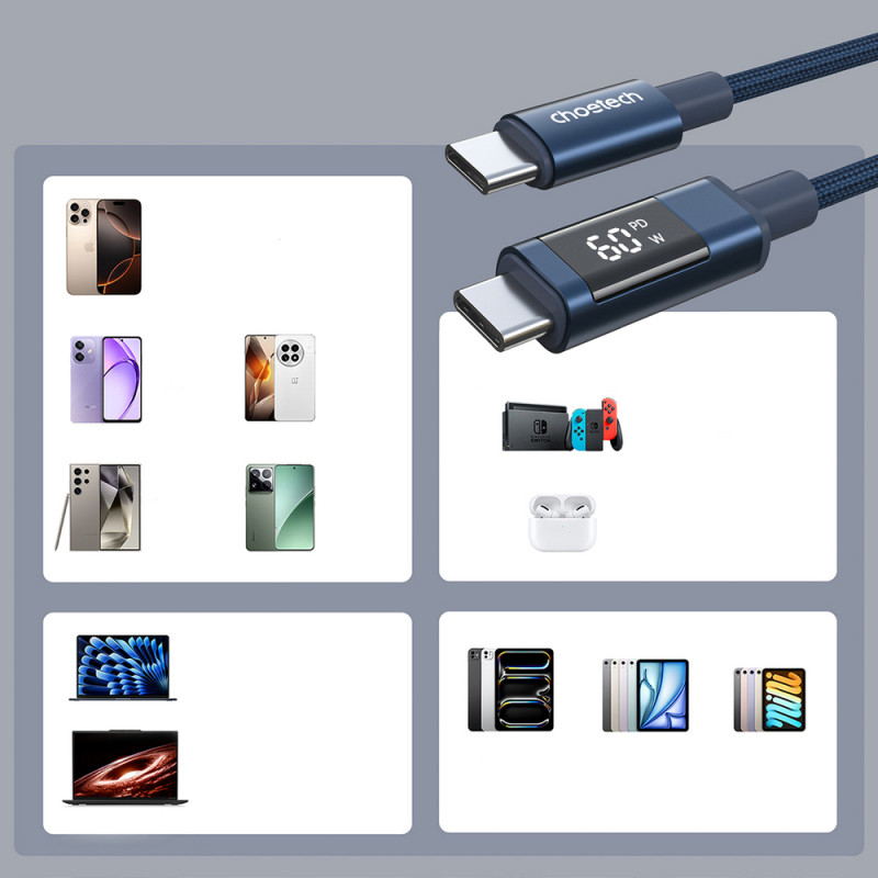Choetech XCC-1068 PD 60W USB-C - USB-C kaabel ekraaniga, 1,2 m, sinine