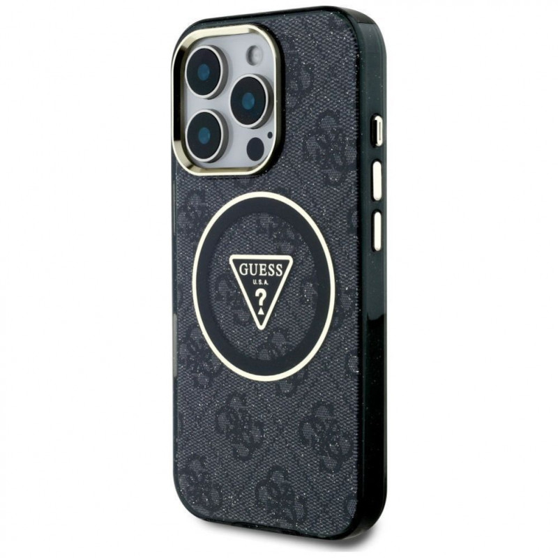 Guess GUHMP16LHG4PRTGK IML Metal Glitter 4G Circle Triangle MagSafe ümbris Apple iPhone 16 Pro jaoks, must