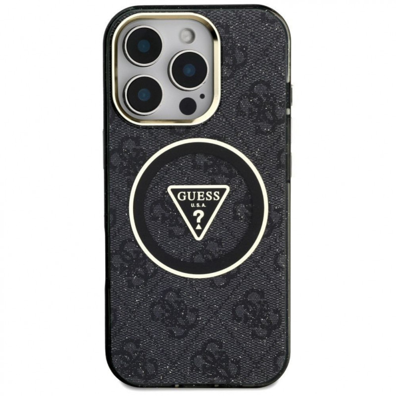 Guess GUHMP16LHG4PRTGK IML Metal Glitter 4G Circle Triangle MagSafe ümbris Apple iPhone 16 Pro jaoks, must