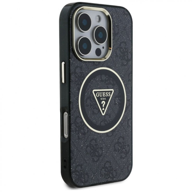 Guess GUHMP16LHG4PRTGK IML Metal Glitter 4G Circle Triangle MagSafe ümbris Apple iPhone 16 Pro jaoks, must