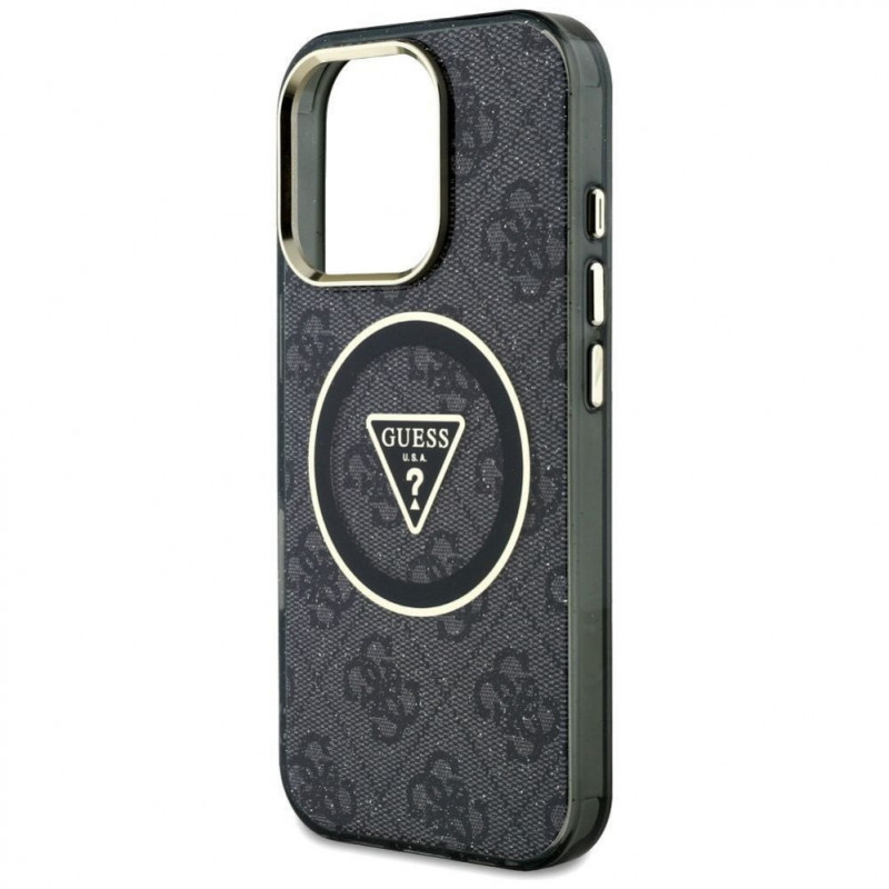 Guess GUHMP16LHG4PRTGK IML Metal Glitter 4G Circle Triangle MagSafe ümbris Apple iPhone 16 Pro jaoks, must