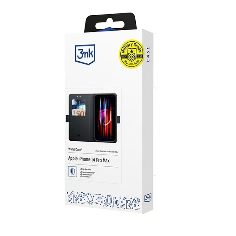 3MK Wallet Case rahakotikorpuse stiilis ümbris Apple iPhone 14 Pro Max jaoks, must