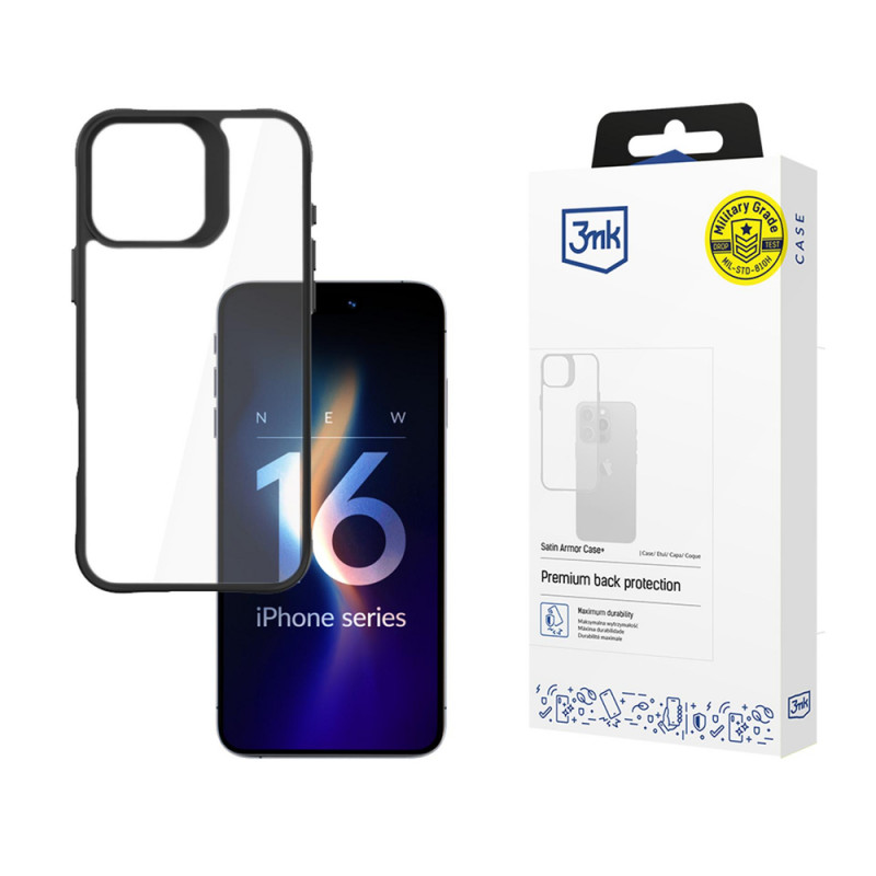 3mk Satin Armor Case+ Apple iPhone 16 Pro Max jaoks, läbipaistev musta raamiga