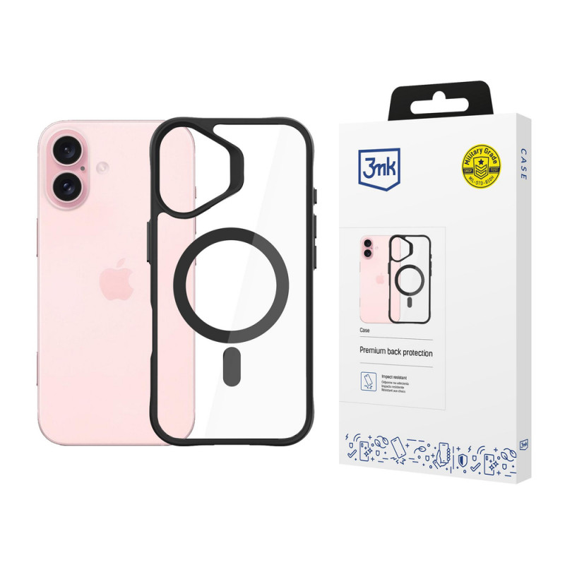 3mk Satin Armor MagCase MagSafe'iga Apple iPhone 16 jaoks (W-3SAMaCa-AiP16-0), läbipaistev musta raamiga