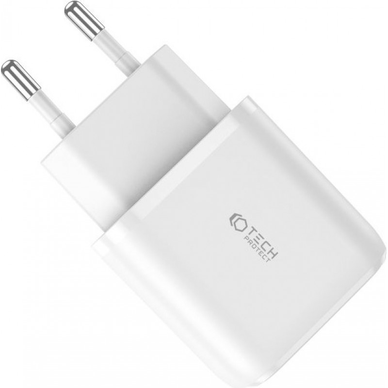 Tech-Protect C20W 2-port seinalaadija, USB-C PD 20W ja USB-A QC 3.0, valge