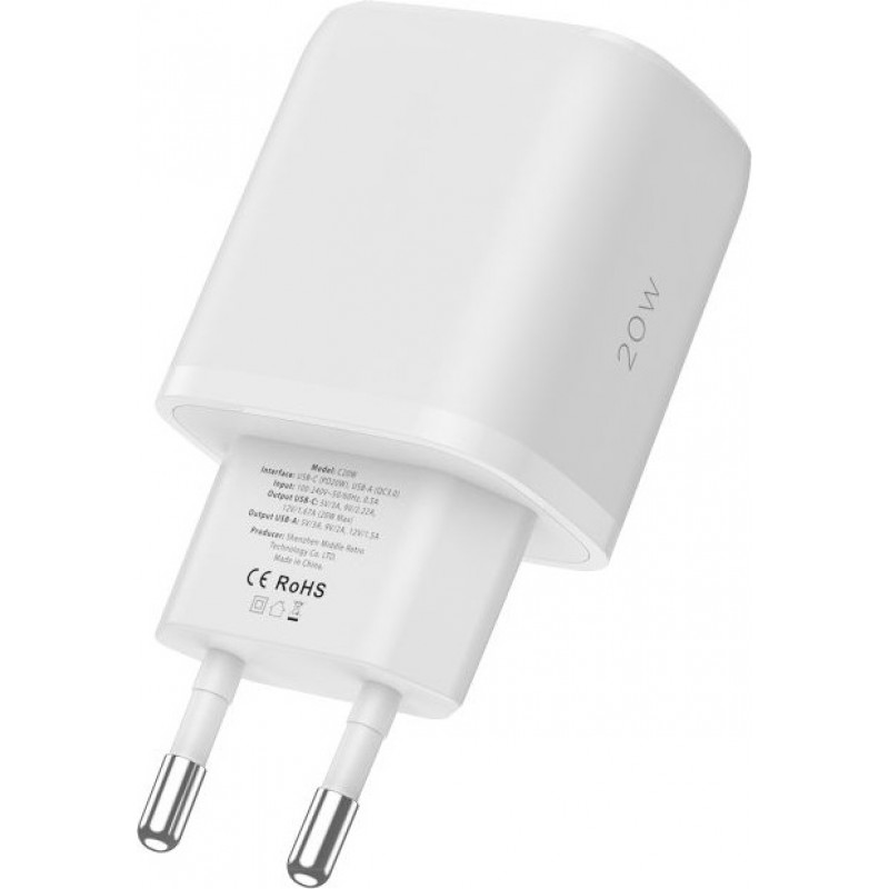 Tech-Protect C20W 2-port seinalaadija, USB-C PD 20W ja USB-A QC 3.0, valge