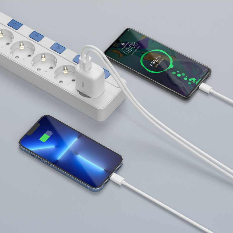 Tech-Protect C20W 2-port seinalaadija, USB-C PD 20W ja USB-A QC 3.0, valge