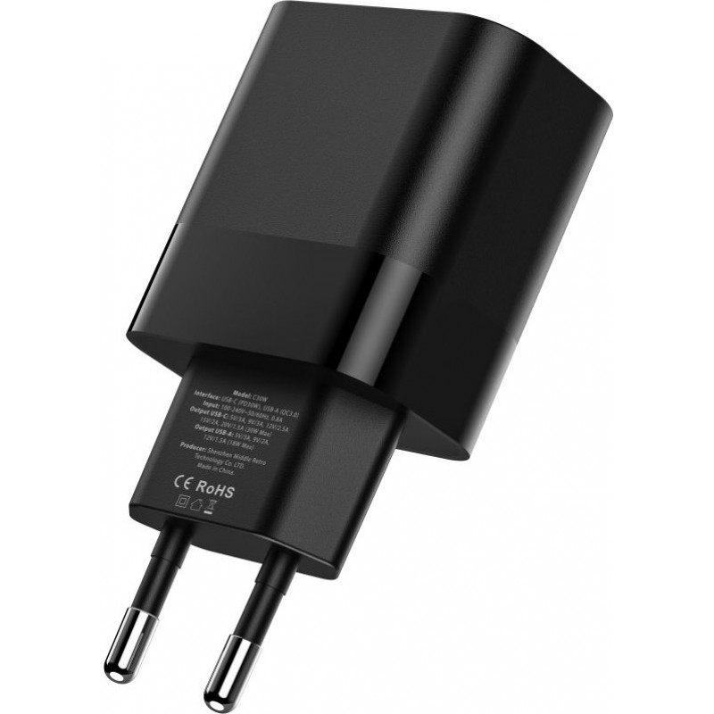 Tech-Protect C30W 2-pordiline seinalaadija, USB-C PD 30W ja USB-A QC 3.0, must