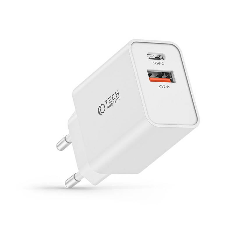 Tech-Protect NC30W 2-pordiline seinalaadija PD 30W QC 3.0, valge