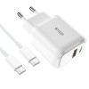 Tech-Protect C20W 2-pordiline seinalaadija PD 20W QC 3.0 USB-C kaabliga, valge
