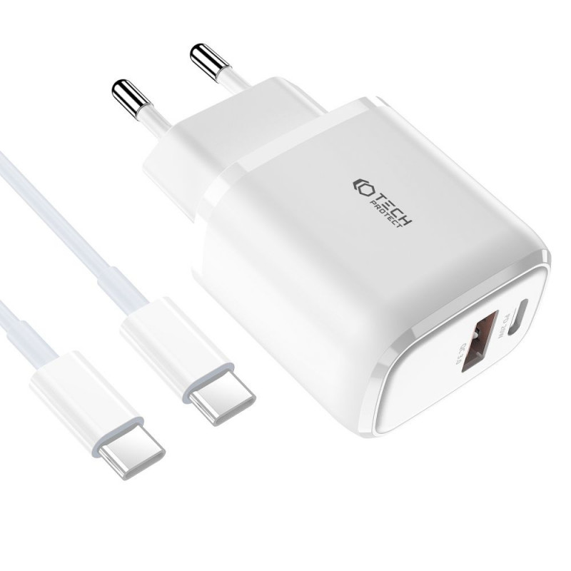 Tech-Protect C20W 2-pordiline seinalaadija PD 20W QC 3.0 USB-C kaabliga, valge