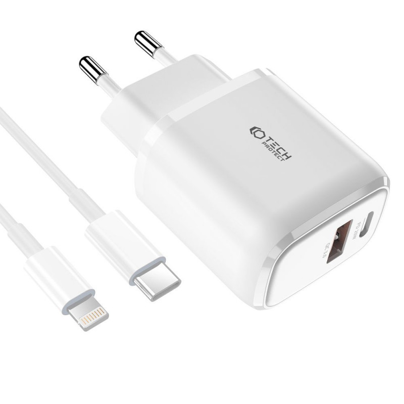 Tech-Protect C20W 2-pordiline seinalaadija PD 20W QC 3.0 Lightning-kaabliga, valge