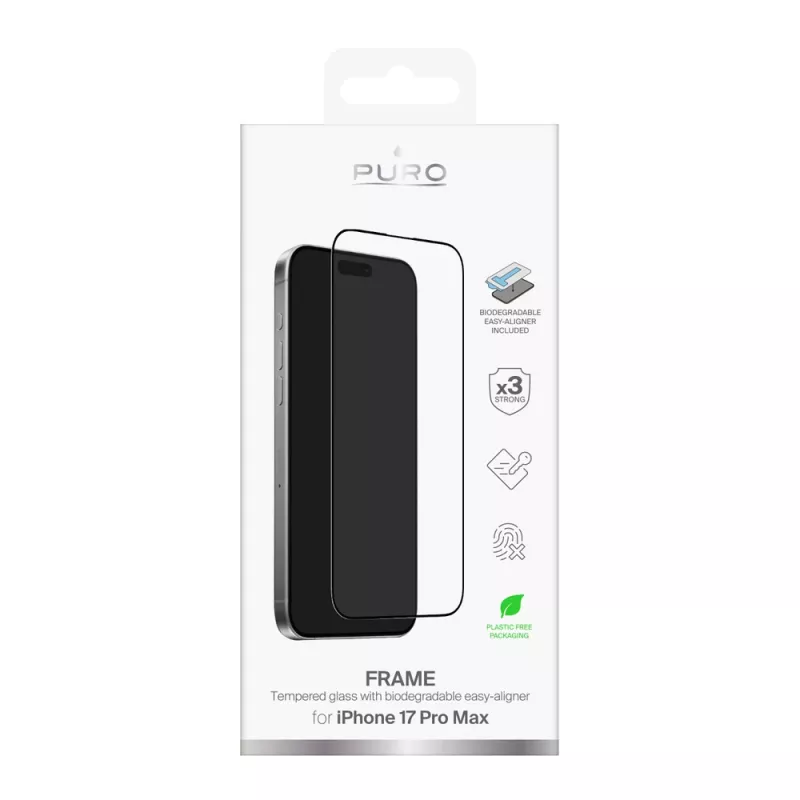 PURO Frame karastatud klaas iPhone 17 Pro Maxile, paigaldusvahendiga ja musta raamiga