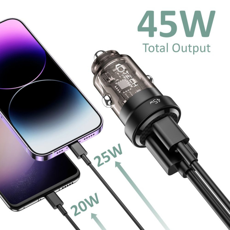 Tech-Protect CC45W 2-port autolaadija, USB-C PD 45W, USB-A QC 3.0, must