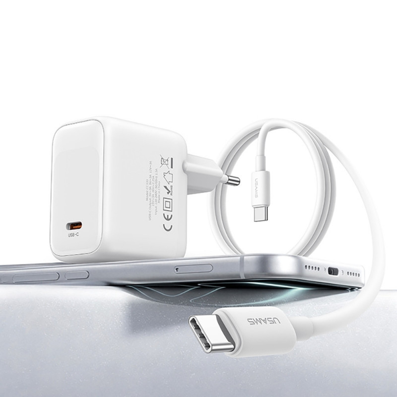 USAMS CC339 T76 45W GaN USB-C seinalaadija SJ711 USB-C - USB-C kaabliga (1 m), valge