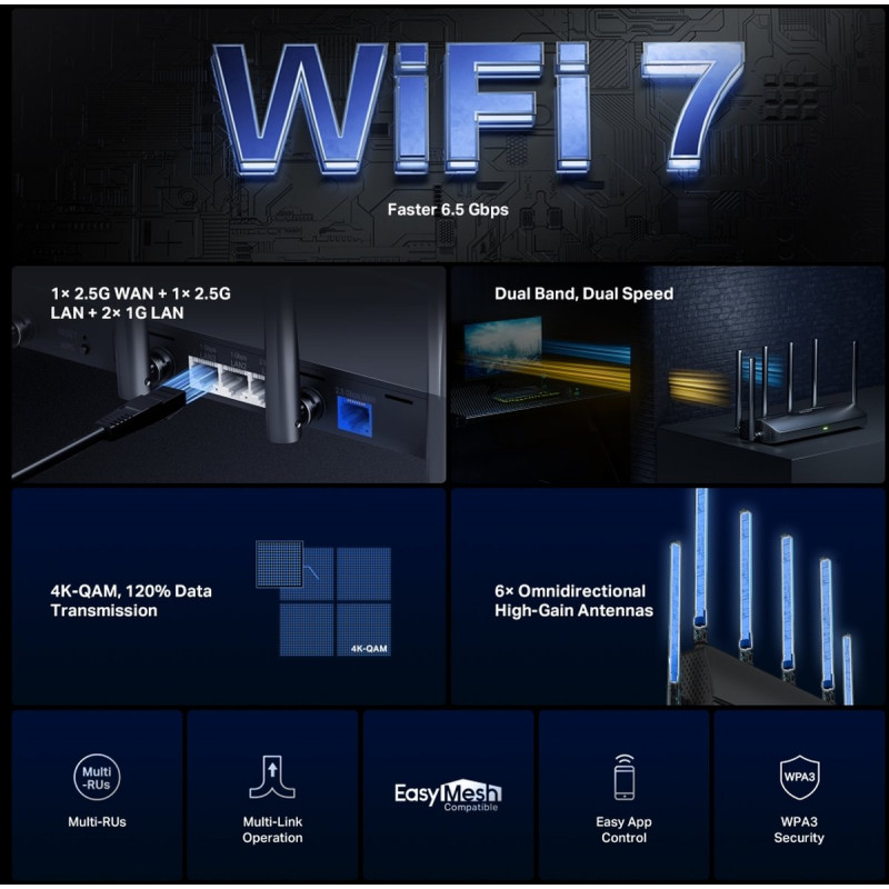 Mercusys MR37BE kaheribaline Wi-Fi 7 ruuter, kuni 6500 Mbps