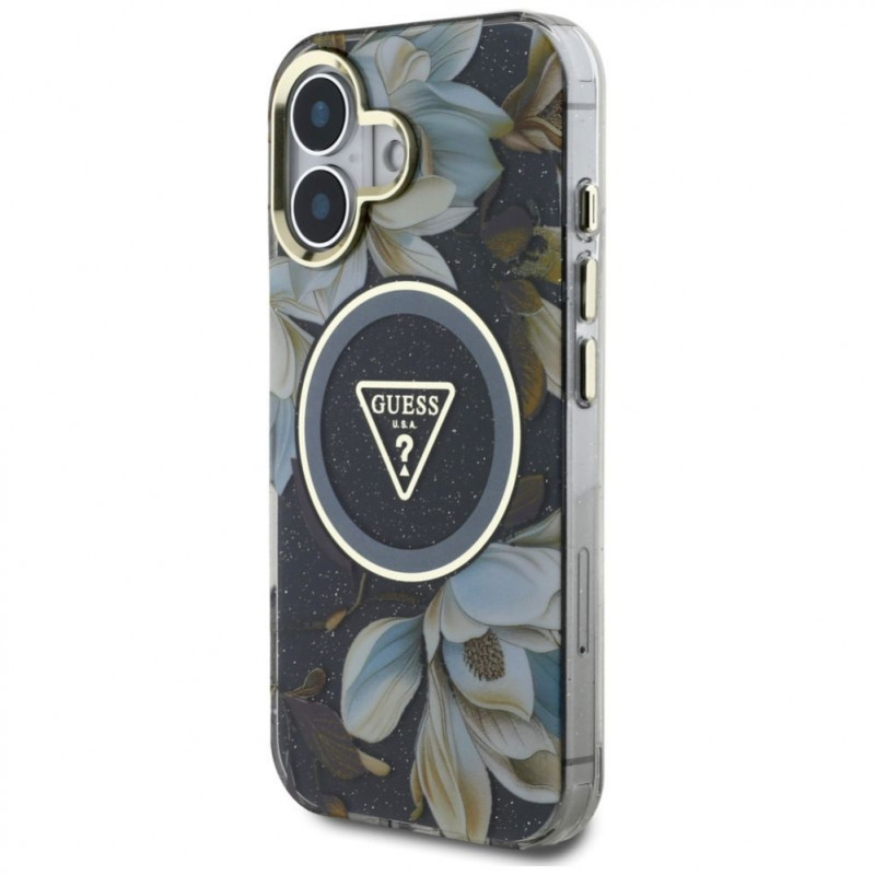 Guess Glitter Flowers Triangle Buttons MagSafe ümbris Apple iPhone 16-le, must